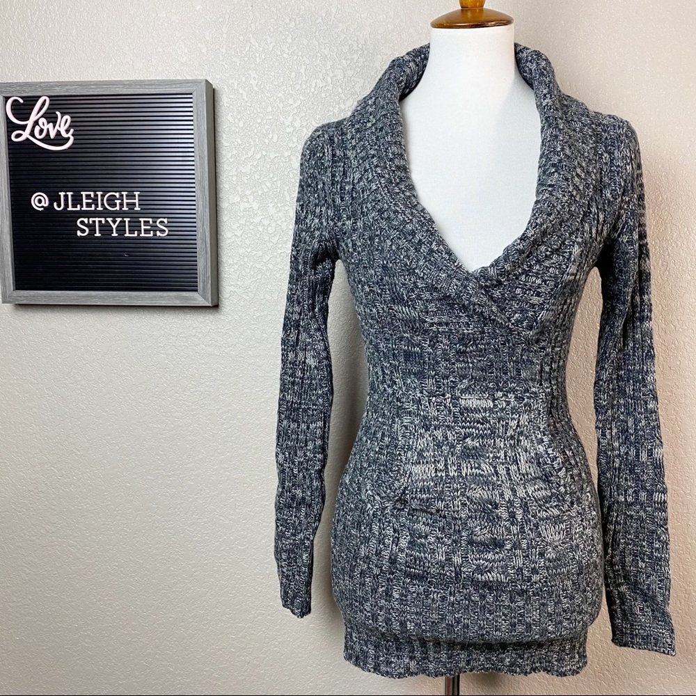 Aviva Black White Marled Knit Deep Vneck Sweater Wide Collar Sm NEW NWT